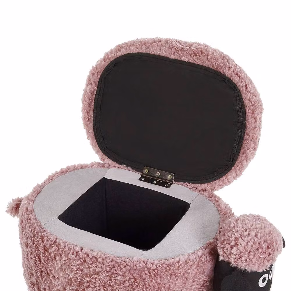 Wyld and Coco Pink Sheep Faux Fur Footstool with Lift Up Storage and Black Rubberwood Legs – 5