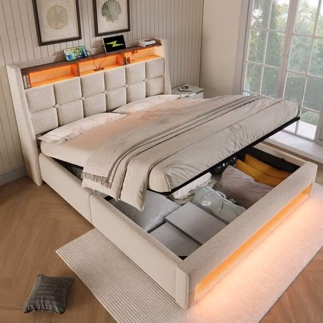 ModernLuxe Upholstered Ottoman Bed in Beige with LED Lighting, USB Charging Port and Storage Headboard, W/D/H: 180 x 200 x 117 cm