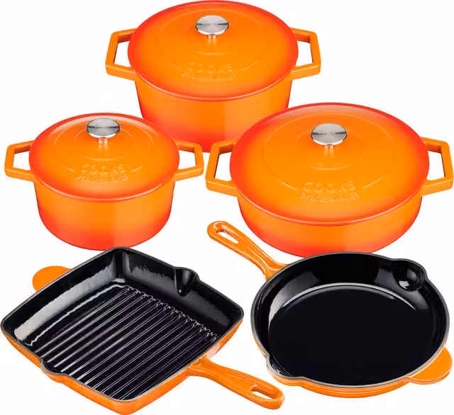 Cooks Professional 5 Piece Enamelled Cast Iron Casserole Dish, Frying Pan and Skillet Set in Orange