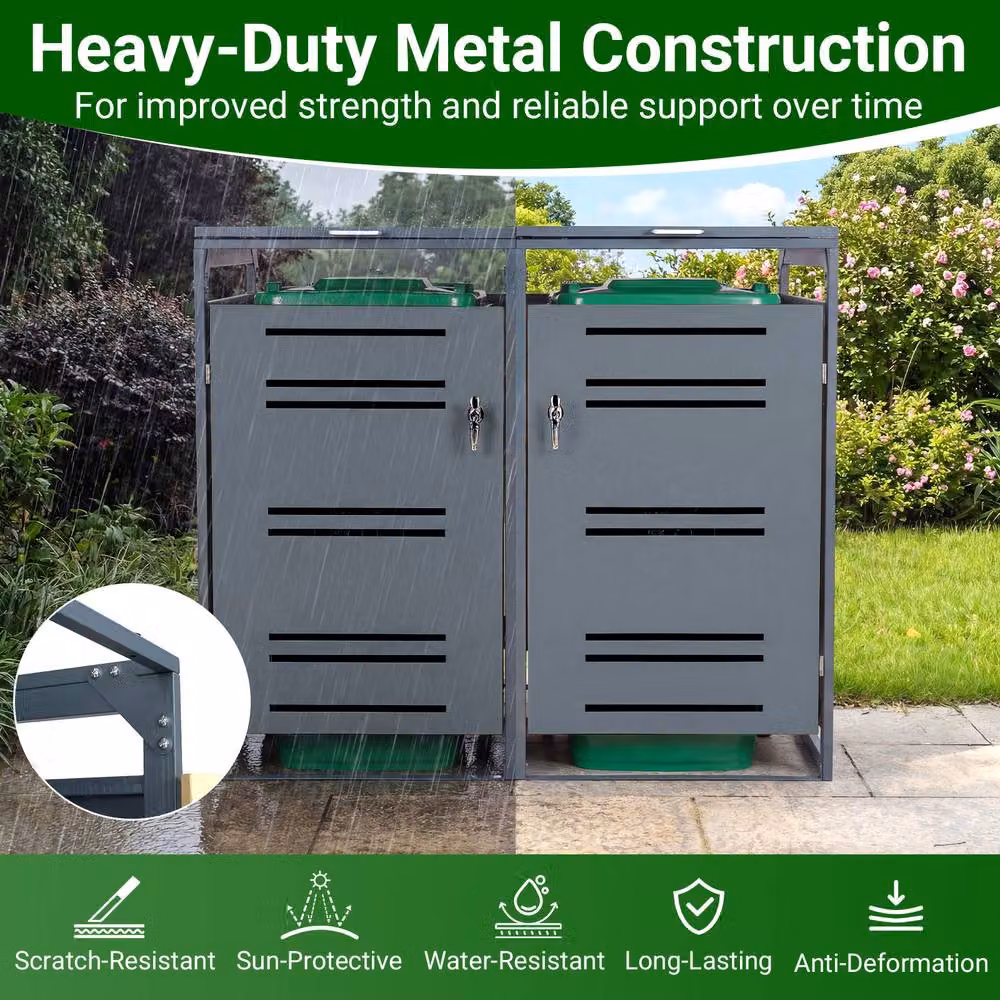 Costway Lockable Double Outdoor Garbage Bin Storage Shed in Grey, Galvanised Steel Bin Store, W/D/H: 132.0 x 80.0 x 117.0 cm – 8
