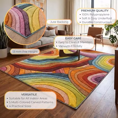 Desire Rugs Rainbow Carved Multicolour Abstract Modern Runner Rug, W: 60 cm, L: 220 cm – 3