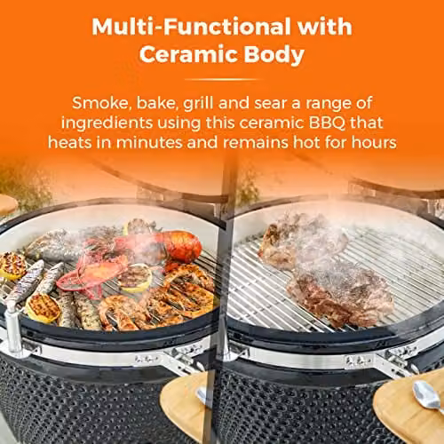Tower Kamado XL Ceramic Charcoal BBQ with Collapsible Wooden Shelves, Built-in Thermometer and Waterproof Cover, Black – 3