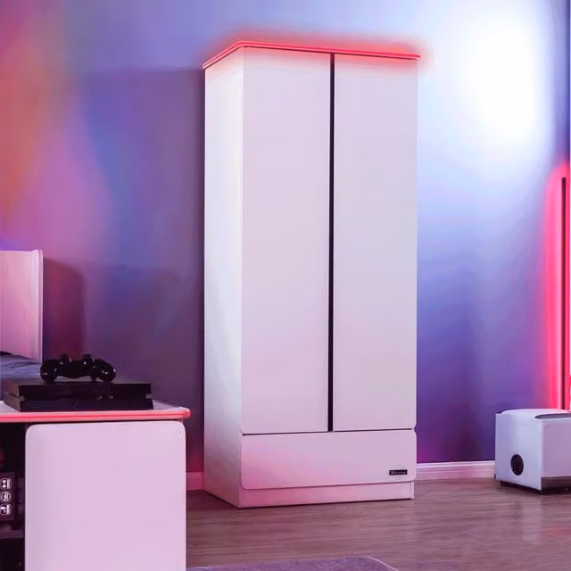 X Rocker Carbon-Tek 2 Door Wardrobe with Drawer and Integrated LED Lighting in White – 1