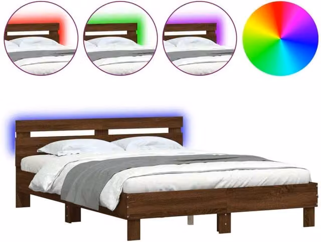 Berkfield Home Modern Bed Frame with LED Under-Bed Lighting and USB Charging Port in Brown Oak, W/D/H: 140 x 190 cm