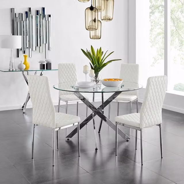 FurnitureboxUK Novara Round Glass Dining Table and 4 Milan Chairs Set in White with Chrome Metal Frame, Diameter: 120 cm