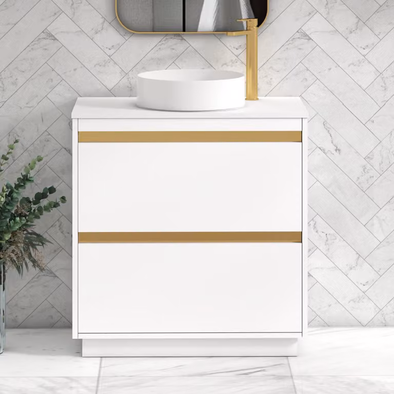 Royal Bathrooms Orion 800mm Matt White Floor Standing 2 Drawer Vanity Unit with Art Basin and Brushed Brass Accent Trim