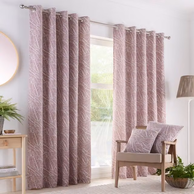 Portfolio Home Madison Botanical Leaves Fully Lined Eyelet Curtain Set in Pink, Width: 168 cm, Drop: 229 cm – 1