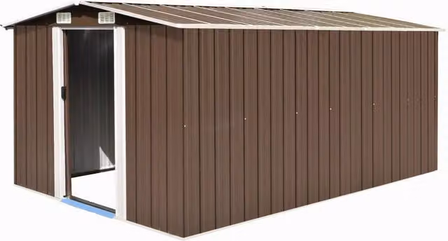 Berkfield Home Brown Metal Garden Shed with Sliding Doors and Side Vent, W: 392 cm, D: 257 cm, H: 181 cm – 1