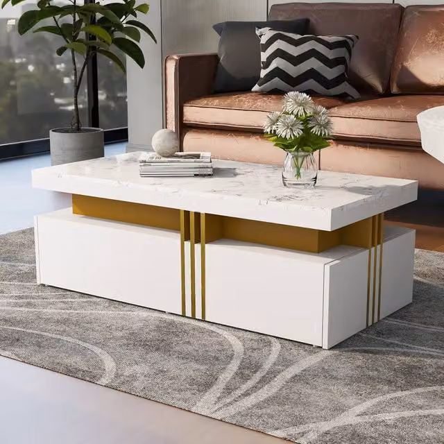 Rolipo Modern White Coffee Table with Marble Effect Top and Drawers – 1