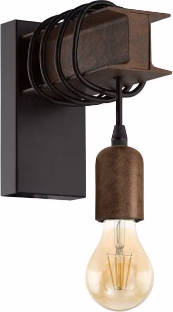Loops Industrial LED Wall Sconce in Black and Wood with Rust Effect, 1 x 60W E27 Bulb – 1