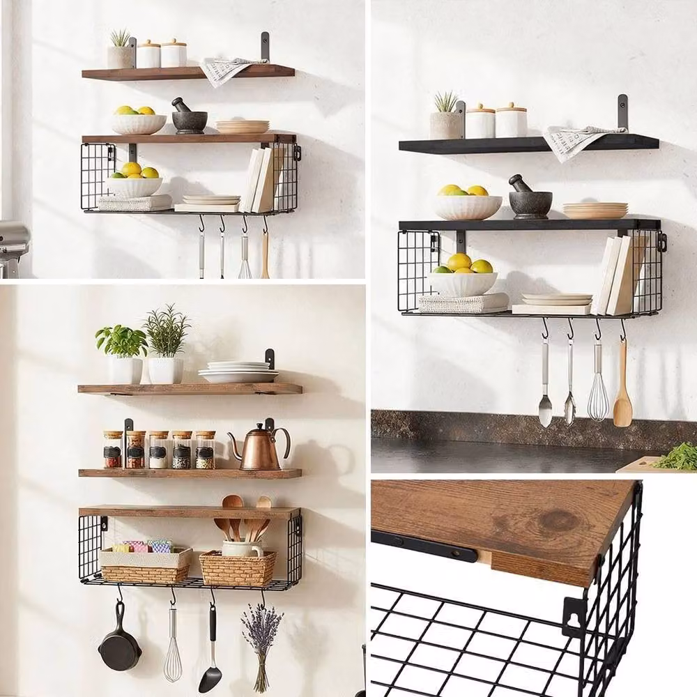 Kelvenix Brown Industrial Wall Mounted Floating Storage Shelves with 3 Shelves and 1 Basket – 4