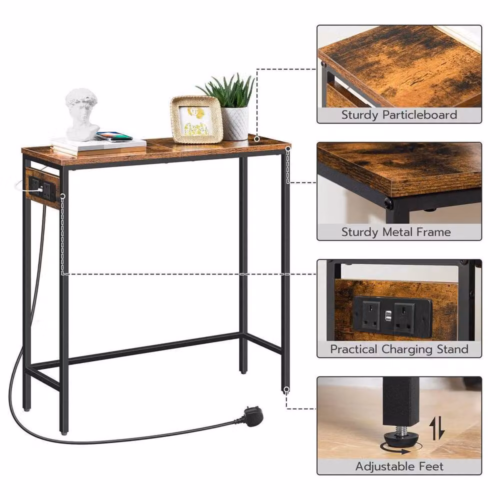 PAWNORA Rustic Brown Console Table with Power Outlets, W/D/H: 75 x 24 x 75 cm – 3