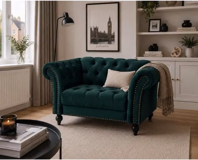 Home Detail Mayfair Chesterfield Velvet Armchair in Green, W/D/H: 80 x 152 x 87 cm