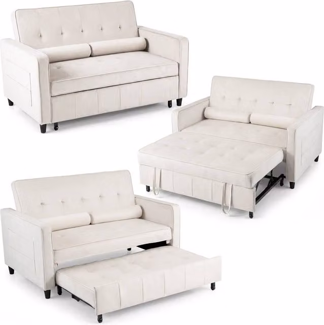 Costway 3-in-1 Convertible Velvet Sleeper Sofa Bed with Pull Out Drawer, Beige
