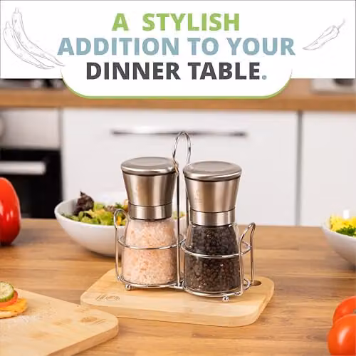 Oliver's Kitchen Salt and Pepper Grinder Set with Ceramic Mechanisms and Rotating Stand in Silver – 11