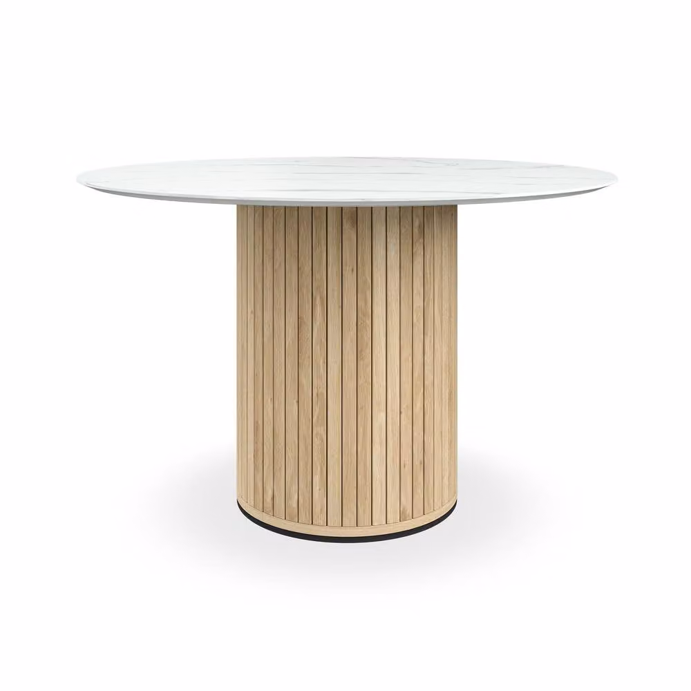 More4Homes Arlo White Marble Top Round Dining Table with Oak Legs and 4 Green Nova Velvet Dining Chairs Set – 2