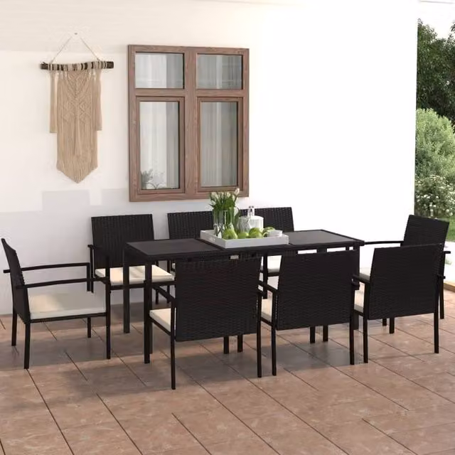 Berkfield Home 9 Piece Poly Rattan Outdoor Dining Set in Black