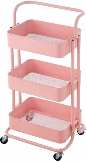 FORGEVIO Multi-Purpose Metal Storage Trolley Cart with Trays and Wheels, Pink
