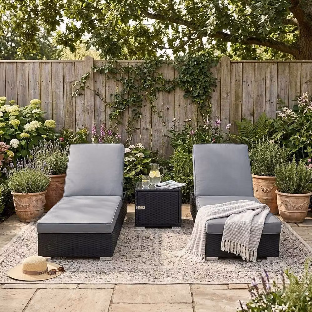 Monstershop Modern Polyrattan Sun Lounger Set in Black and Grey with Weatherproof Cushions – 3