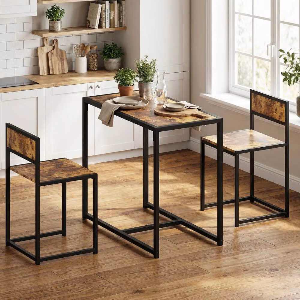 STILVORA Table and 2 Stools Set with Steel Frame in Rustic Dark Brown – 7
