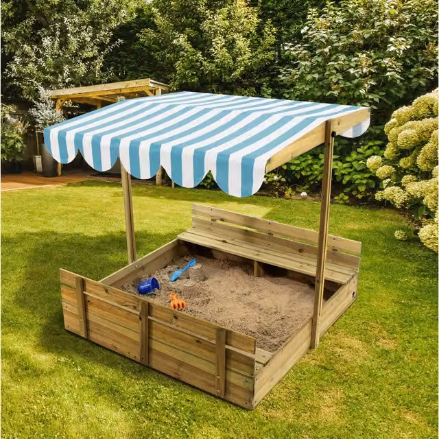 Plum Wooden Sandpit with Canopy and Height Adjustable Sandbox in Brown and Blue