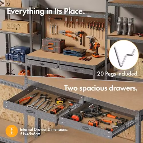 VonHaus Heavy Duty Garage Workbench with Pegboard, Storage Drawer and Shelf in Grey and Black – 4