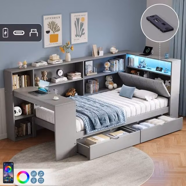 ModernLuxe L-shaped single daybed in grey with desk, drawers, LED storage headboard, USB charging port and bedside shelf, W/D/H: 190 x 90 x 118 cm – 1