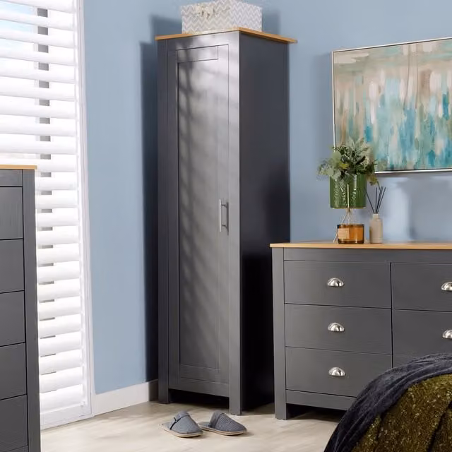 Home Source 1 Door Wardrobe with Oak Top and Internal Shelving in Dark Grey and White