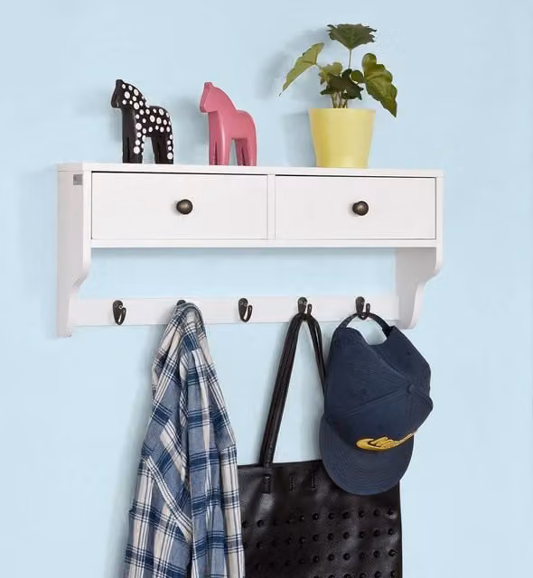 SoBuy Modern Wall-Mounted Coat Rack with Dual Drawers and Shelf in White – 1
