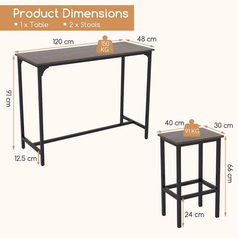 KORVIXA Industrial Kitchen Table and 2 Bar Stools Set in Matt Grey, W/D/H: 100 x 100 x 120.65 cm – 2