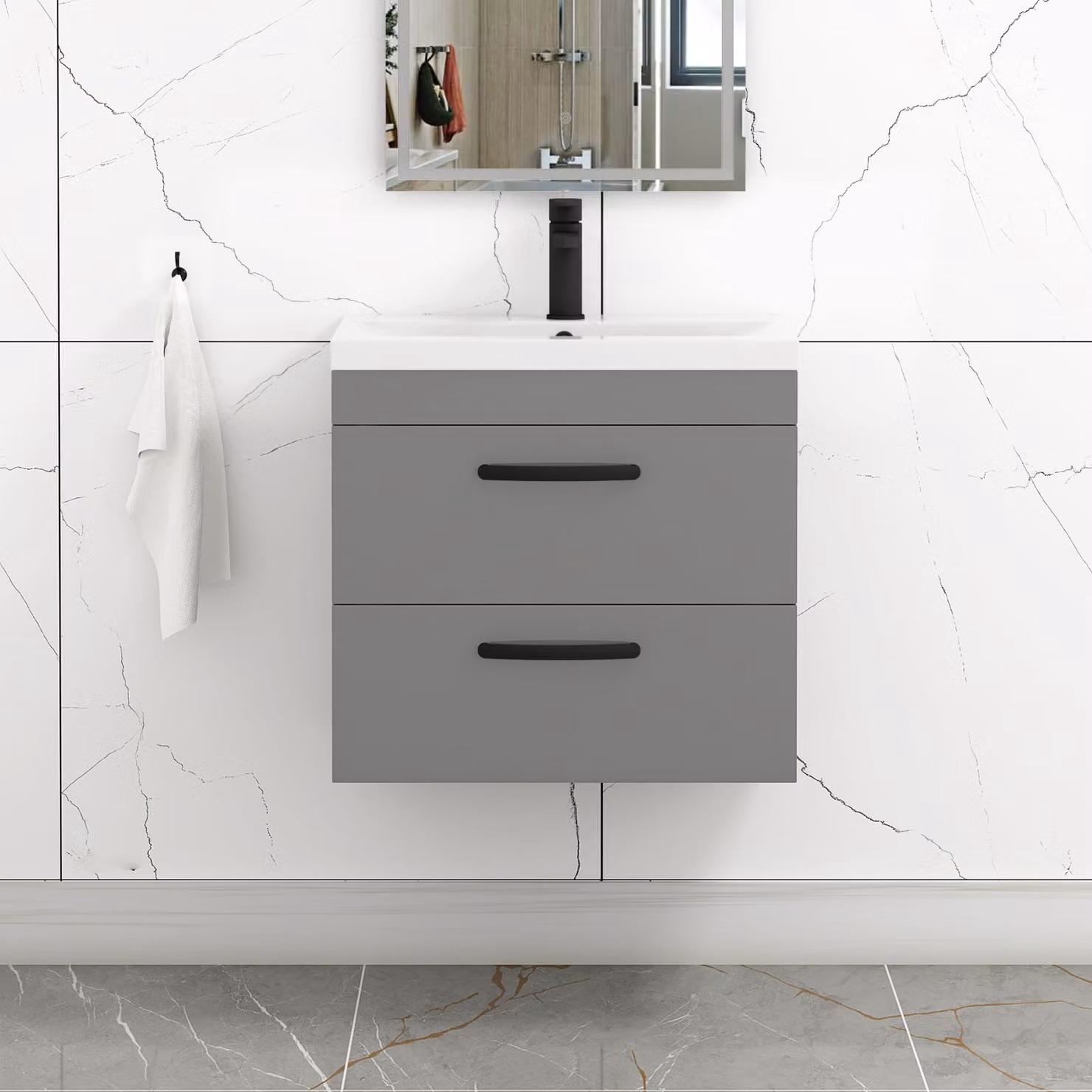 Royal Bathrooms Turin 600mm Wall Hung Vanity Unit in Indigo Grey Gloss with 2 Drawers and Matt Black Handles