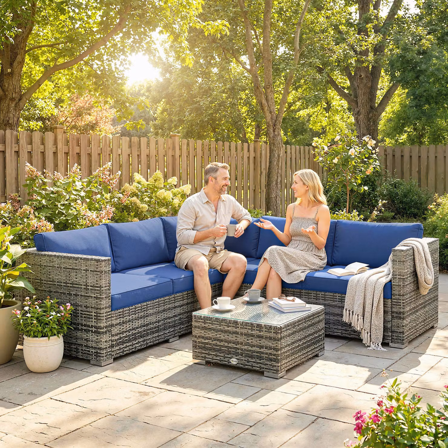 Outsunny 4-Piece Blue Rattan Garden Sofa Set with Cushions and Coffee Table – 2
