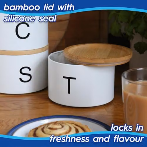 Harbour Housewares 3pc Stackable Tea, Coffee and Sugar Canister Set in Black and White with Airtight Bamboo Lids – 4