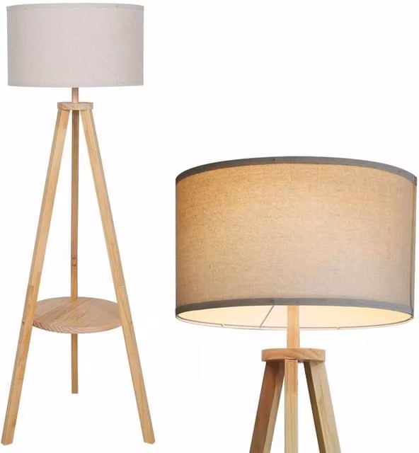 Kelvenix Tripod Floor Lamp with Beige Fabric Cylinder Shade and Wood Base, Height: 157 cm – 1