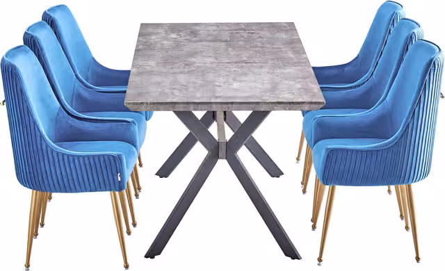 Life Interiors Soho Blaze LUX Dining Set with Ceramic Table and 6 Blue Velvet Upholstered Chairs