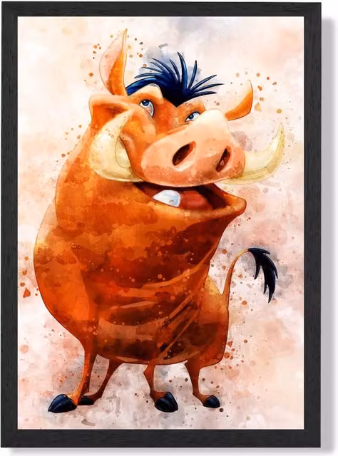 ARTZE Pumba Watercolour Lion King Framed Print, Multicolour, Brown Frame, A3