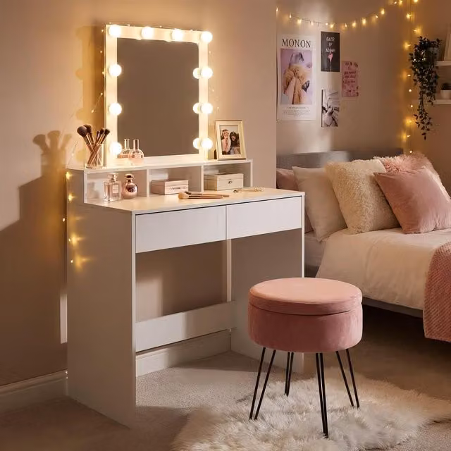 Harbour Housewares Modern Wooden Dressing Table Set with LED Lights and Pink Stool