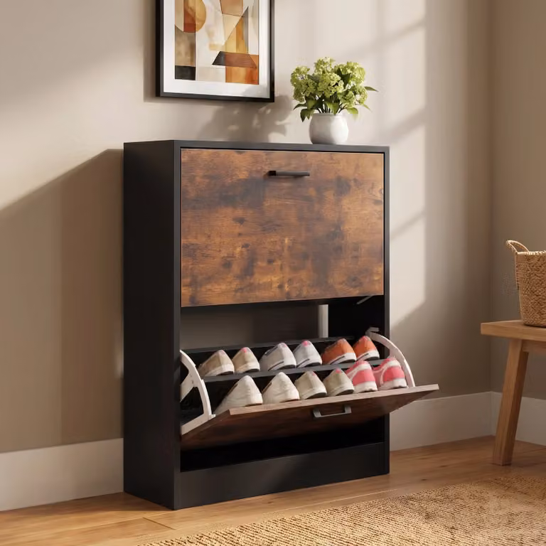 Modern Black Slim Shoe Storage Cabinet with Tilting Compartments and Ventilation for Hallways