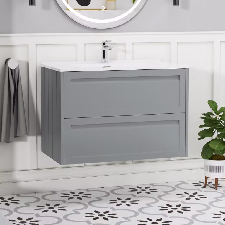 Royal Bathrooms Elmore Traditional Wall Hung 2 Drawer Vanity Unit with Ceramic Basin, Matt Pebble Grey, Width: 80 cm