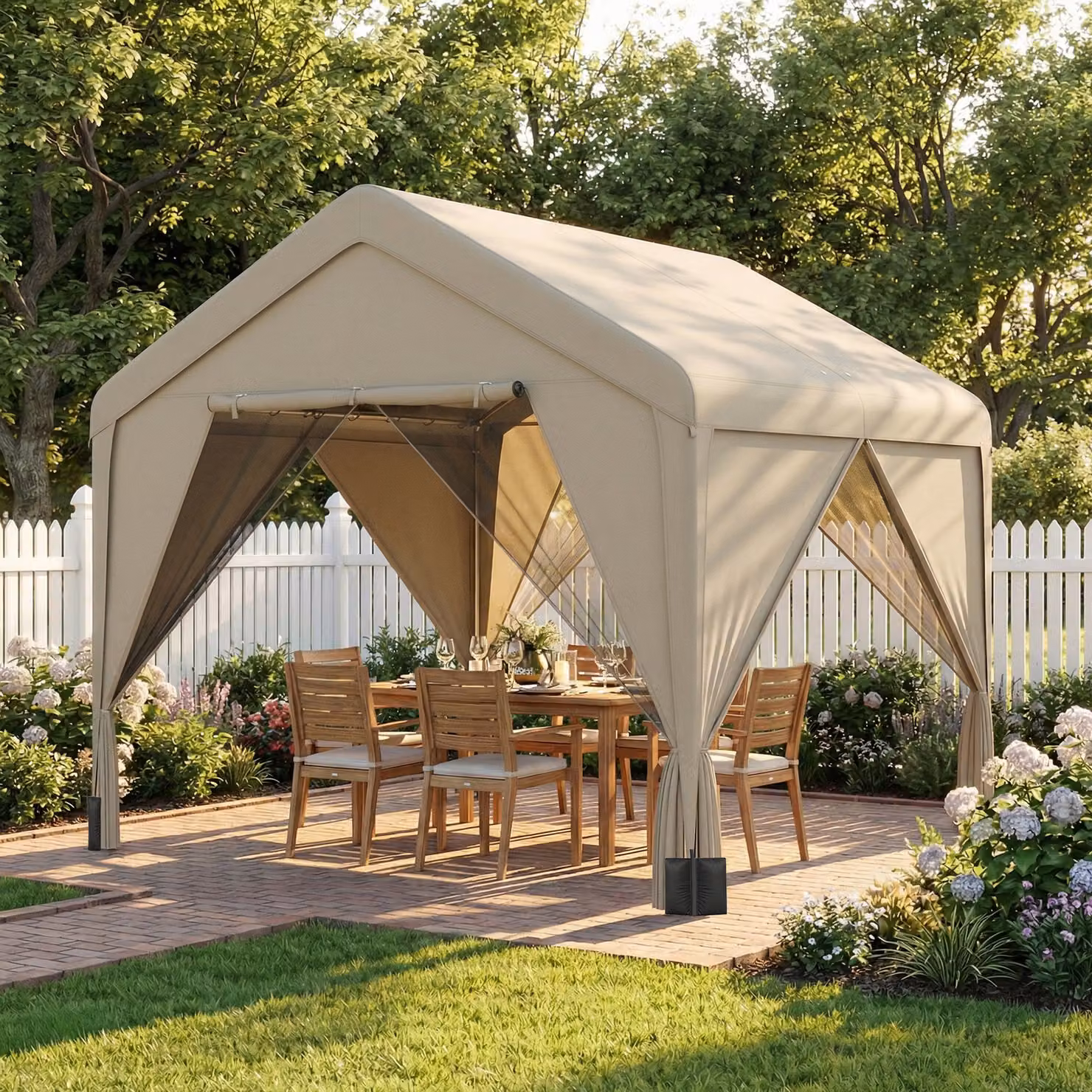 Outsunny Beige Gable Patio Gazebo with Netting and Curtains, Outdoor Canopy Shelter with Galvanised Steel Frame, W/D/H: 300 x 300 x 295 cm – 2