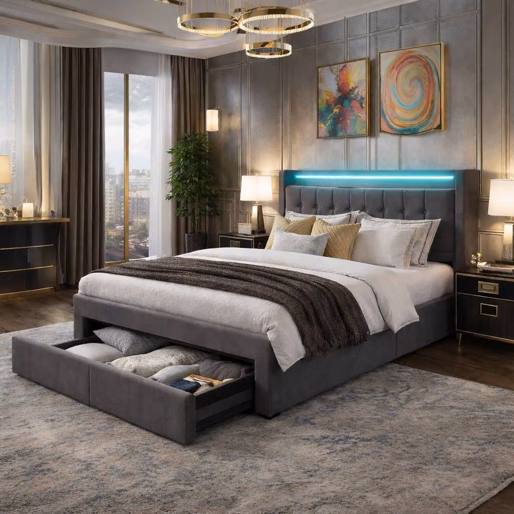 Harmin Grey Upholstered Double Ottoman Bed with LED Headboard and USB Charging Port, W/D/H: 135 x 190 cm – 2