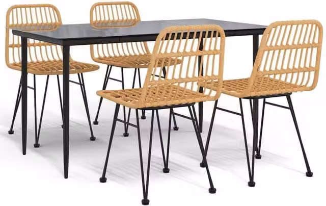 Berkfield Home 5 Piece Poly Rattan Garden Dining Set in Tan with Metal and Glass Details – 1
