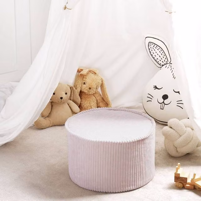 Wyld and Coco Round Cotton Corduroy-Style Pouffe in Beige, W/D/H: 40 x 40 x 25 cm