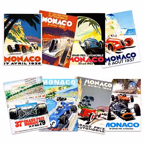 Artery8 Monaco Grand Prix Classic Racing Motor Sport Wall Art Poster Pack of 8, Multicolour Paper Posters