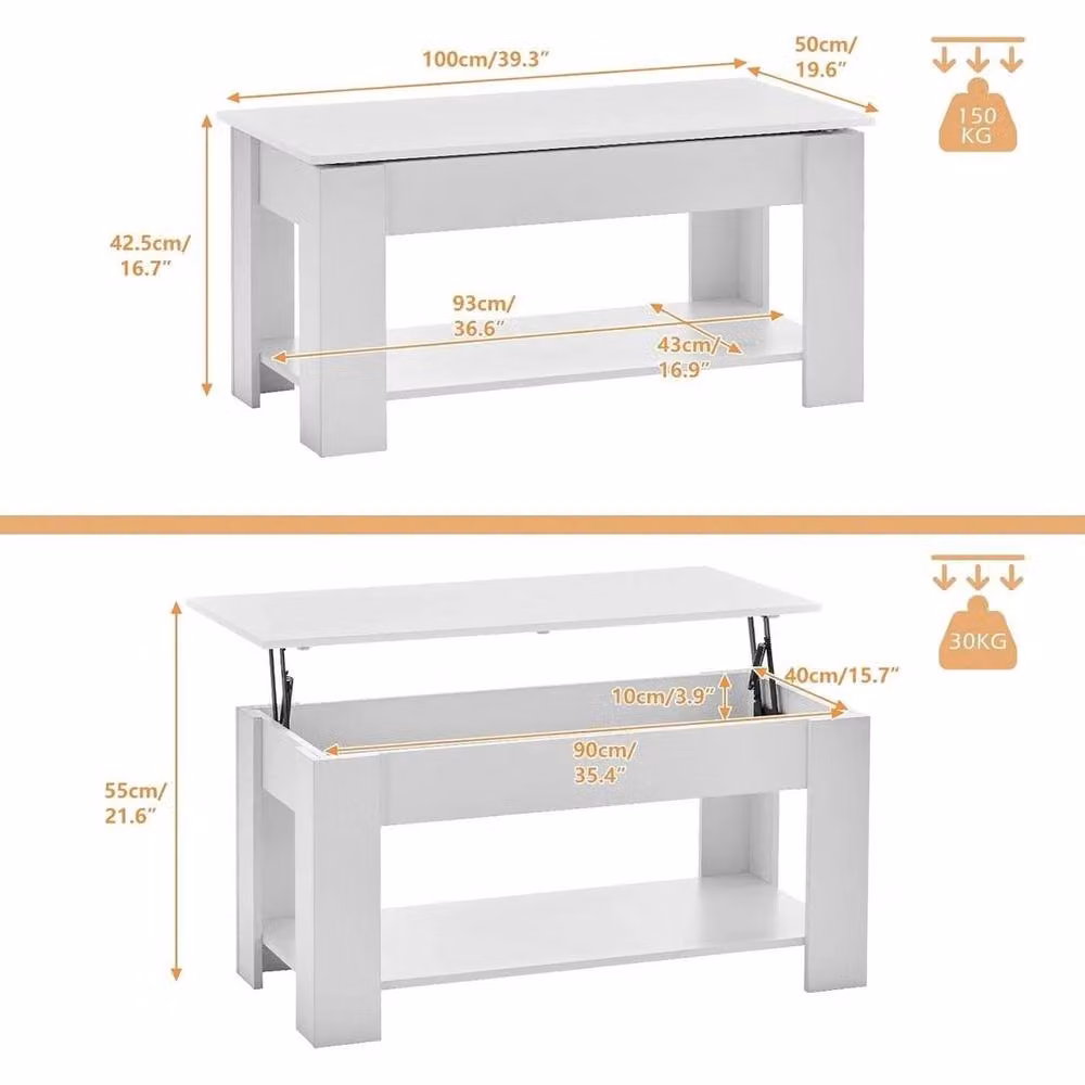 Kelvenix Modern White Lift Up Coffee Table with Storage Shelf – 2