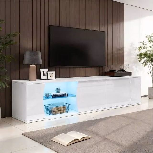 BTM Modern White Glossy TV Cabinet Lowboard with LED and Glass Doors, W/D/H: 180 x 40 x 45 cm – 1
