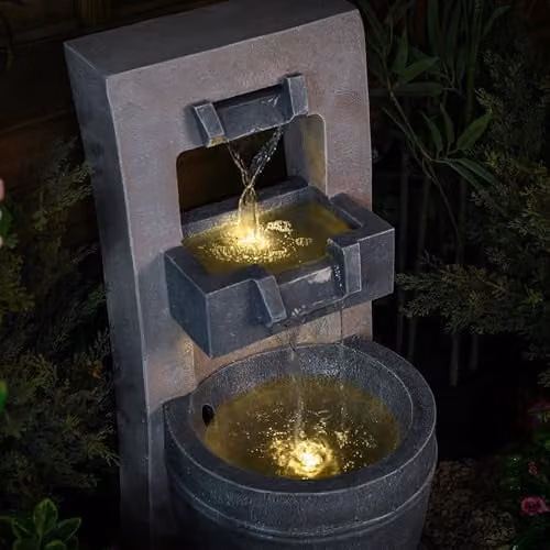 Serenity Cascading Bowl Water Feature in Grey Stone Effect Polyresin with LED Lights, Height: 70 cm – 4