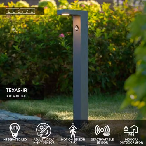 Lucide Texas-IR LED Bollard Light in Anthracite with Motion and Dusk Sensors, 7W 3000K Warm White, IP54 Rated – 2