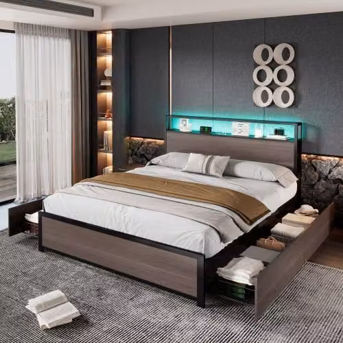 Matteo Metal Double Bed in Grey with 4 Drawers, LED Light Strip, 2 USB and 1 Type C Ports, W/D/H: 140 x 200 x 105 cm