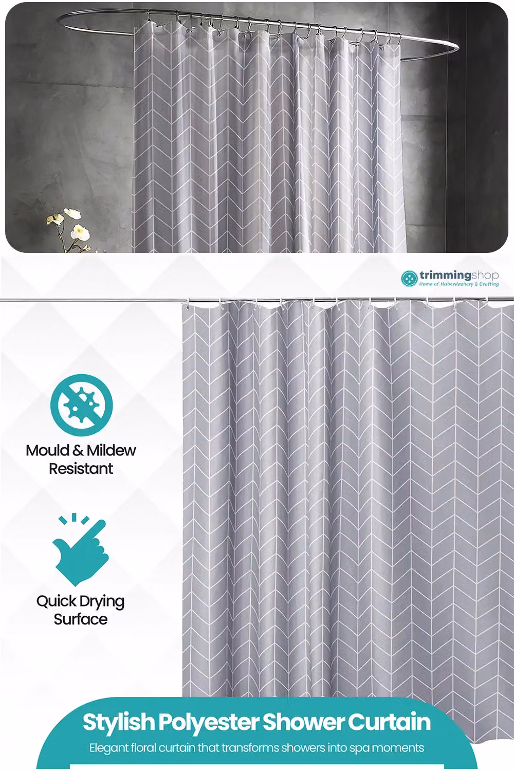 Neel Blue Grey Chevron Polyester Water-Resistant Shower Curtain with 12 Hooks, W: 180 cm, H: 200 cm – 2